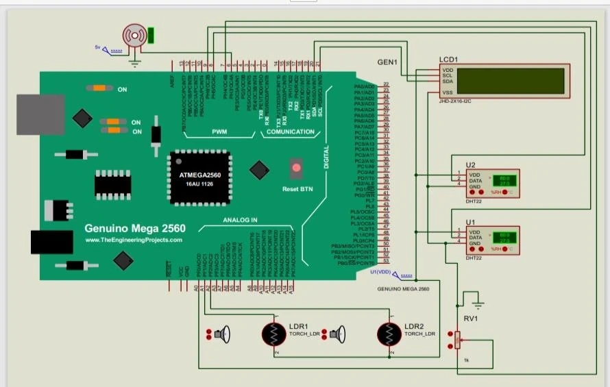 Proteus schematic connecting a Genuino Mega 2560 to an LCD, two DHT22 sensors, light-dependent resistors, and a motor.