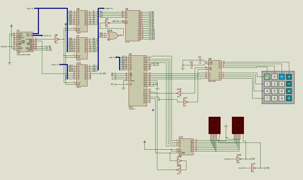 Proteus calculator schematic with an 8086 processor, peripheral interface, keypad, logic chips, and two seven-segment displays.