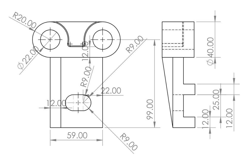 Variant A mounting-bracket drawing with dimensioned front and side views, upper holes, a central slot, radii and hidden lines.