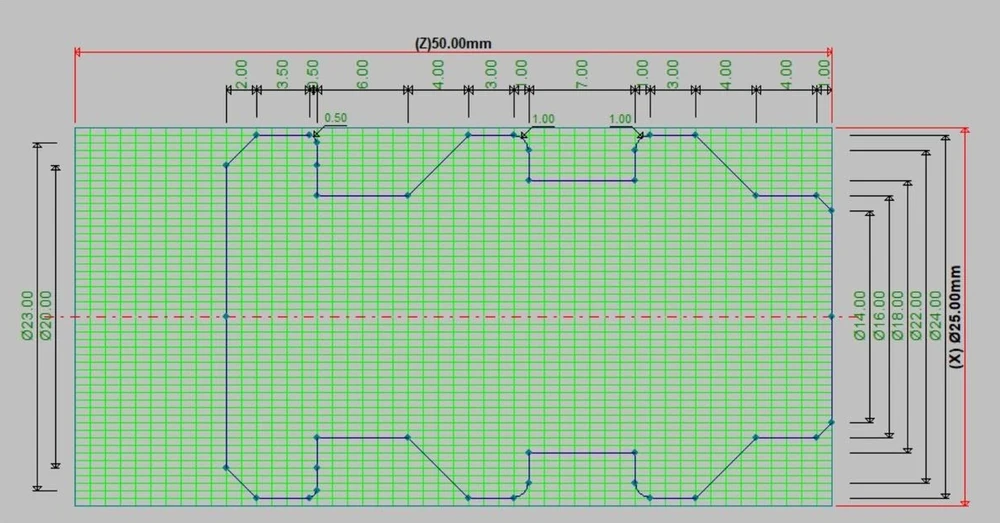Dimensioned turning profile on a green grid, with a 50 mm axial length and 25 mm maximum diameter.