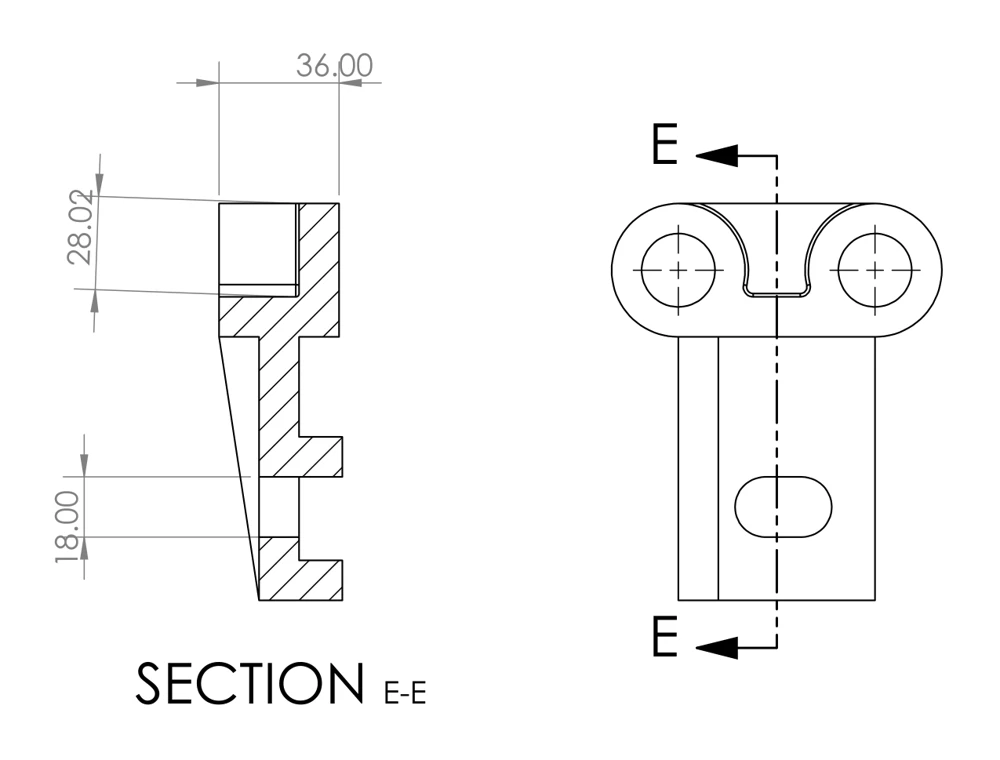 Variant A — section E–E exposes the relationship between the upper boss, connecting body and rear steps.