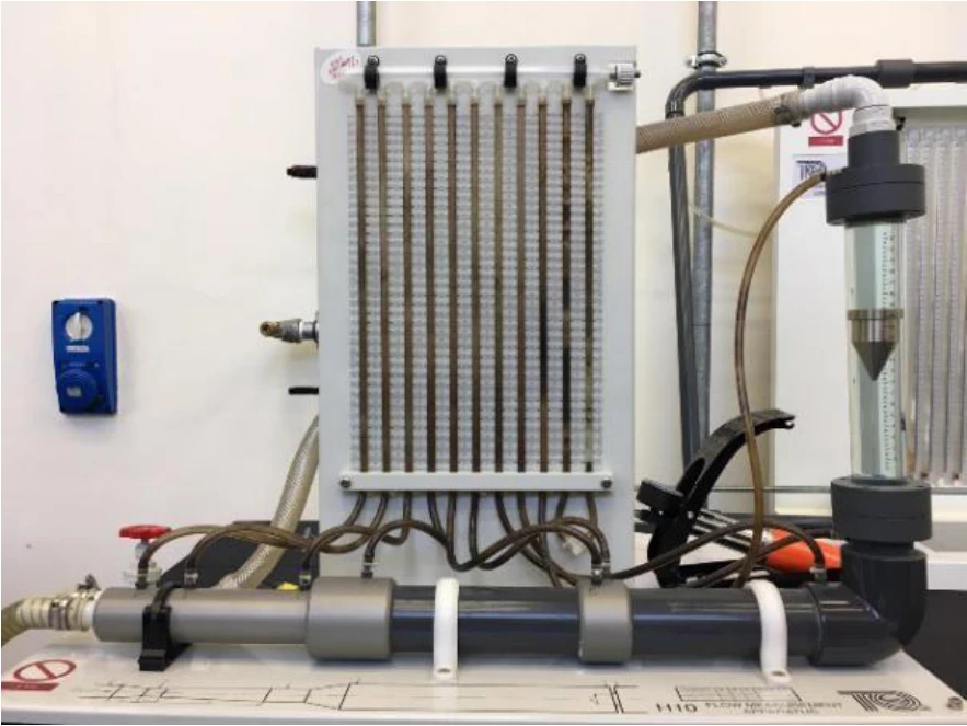 Laboratory apparatus showing vertical manometers, piping and the rotameter.