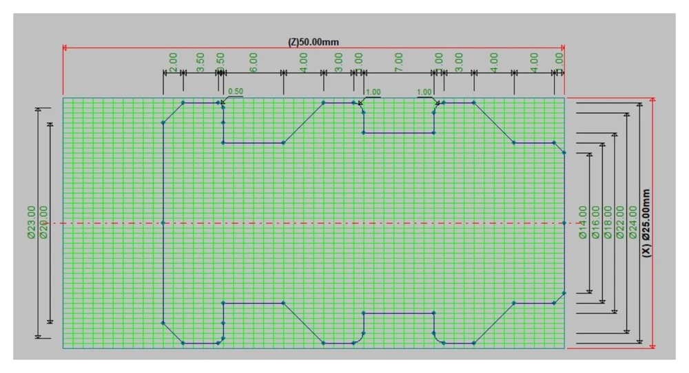 Coordinate grid with a fully dimensioned shaft profile and 50 mm axial extent.