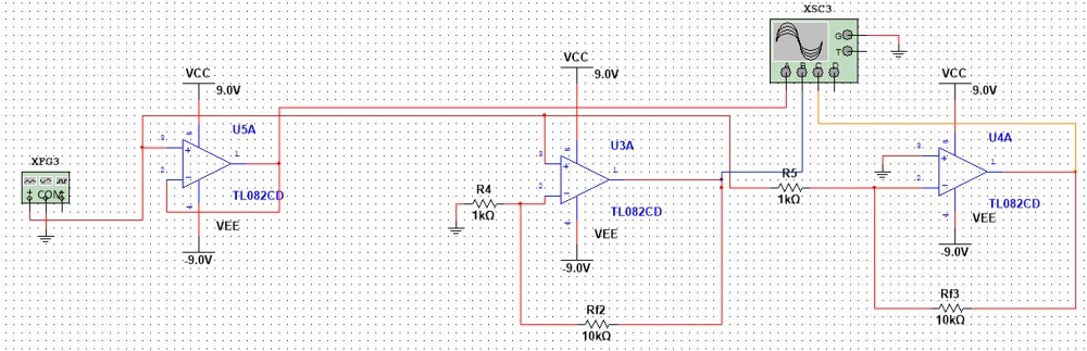 Multisim circuit view shows linked operational amplifiers and feedback resistors.