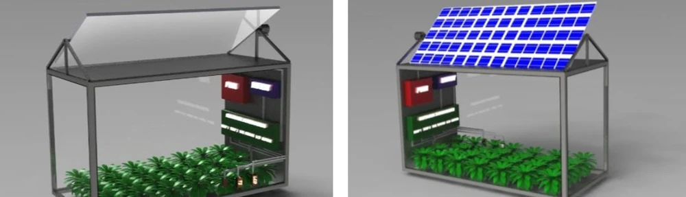 Paired CAD views show an agrivoltaic structure with crops beneath a movable solar panel.