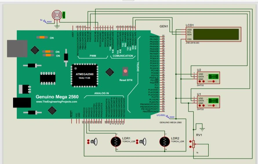 Embedded-system schematic shows an Arduino Mega with temperature sensors, light sensors and LCD.