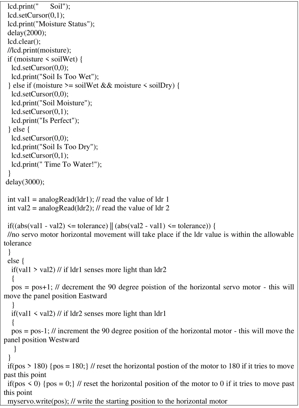 Arduino code classifies soil status and adjusts a servo using two light-sensor values.