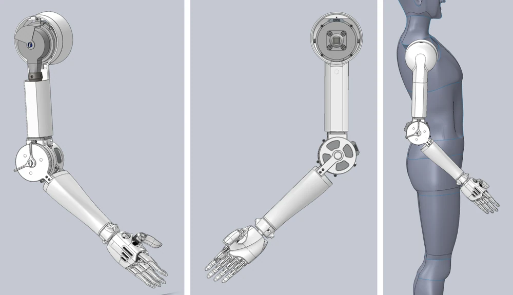 CAD views show the articulated arm, shoulder gearbox and placement on a human-form model.