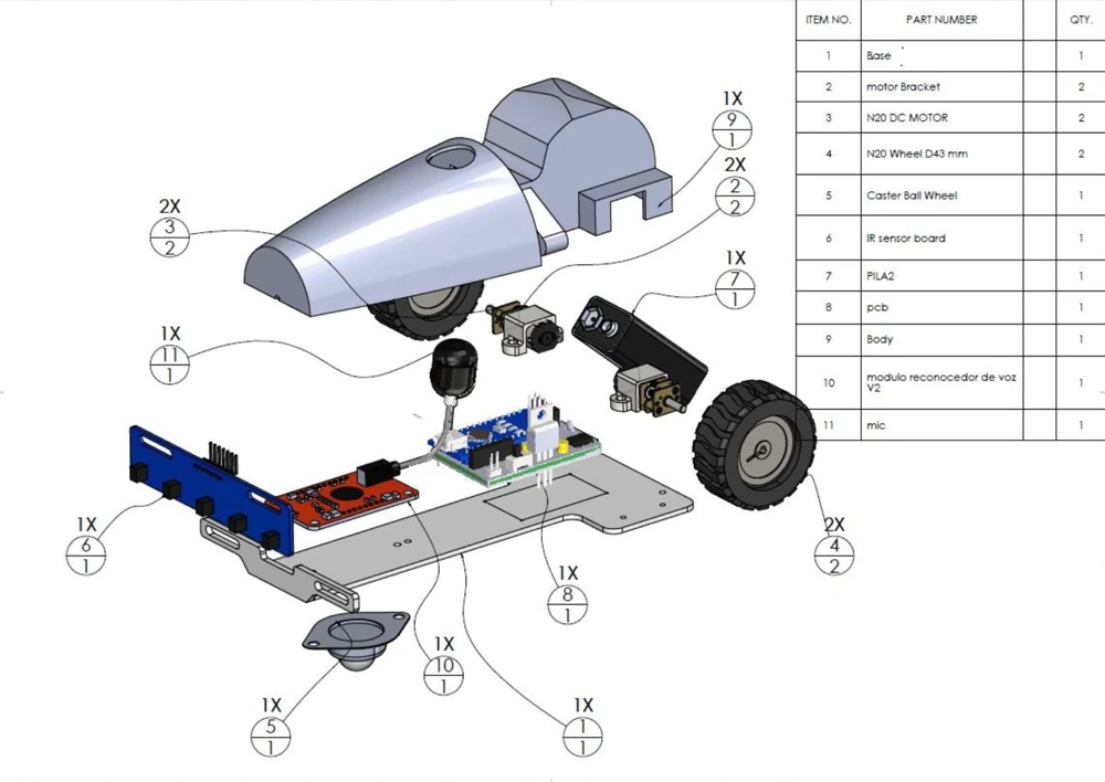Robot shell, battery, motors, wheels, sensor bar, PCB and microphone are separated in an annotated CAD assembly.