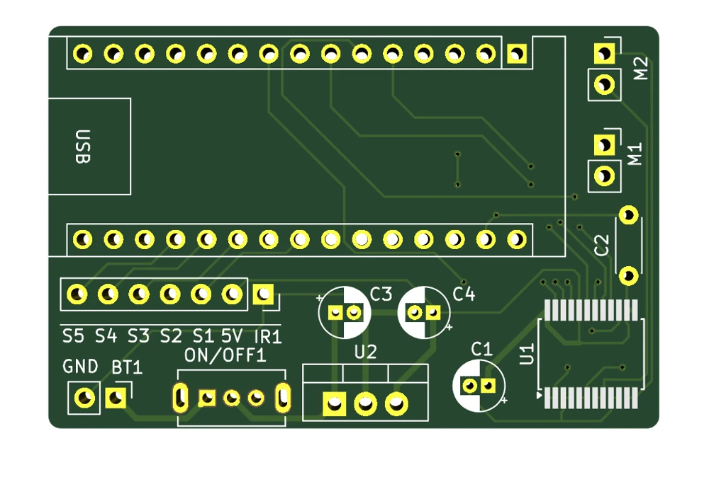 Green PCB view shows Nano footprints, motor connections, capacitors and a surface-mount driver.