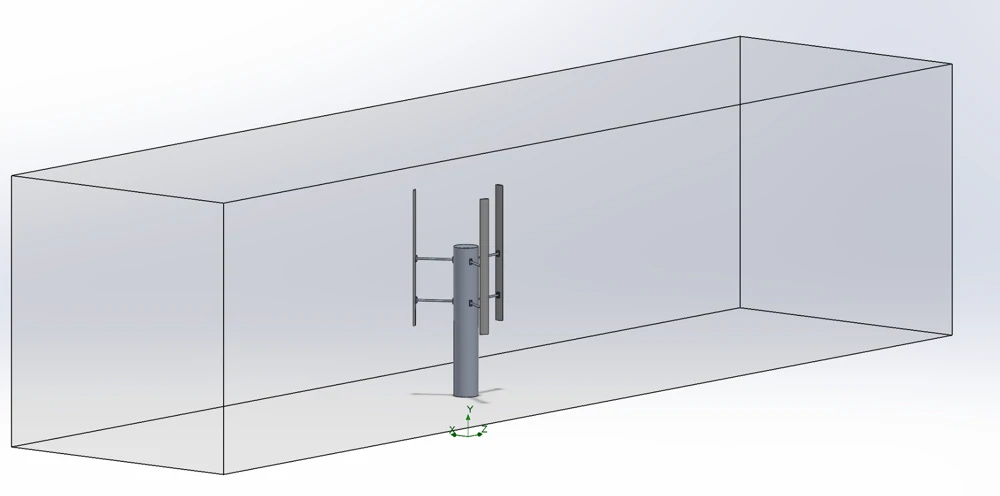 A three-blade turbine sits inside a rectangular computational flow domain.