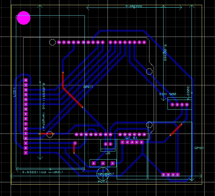 Proteus PCB layout with tracks, through-hole connections and module outlines.